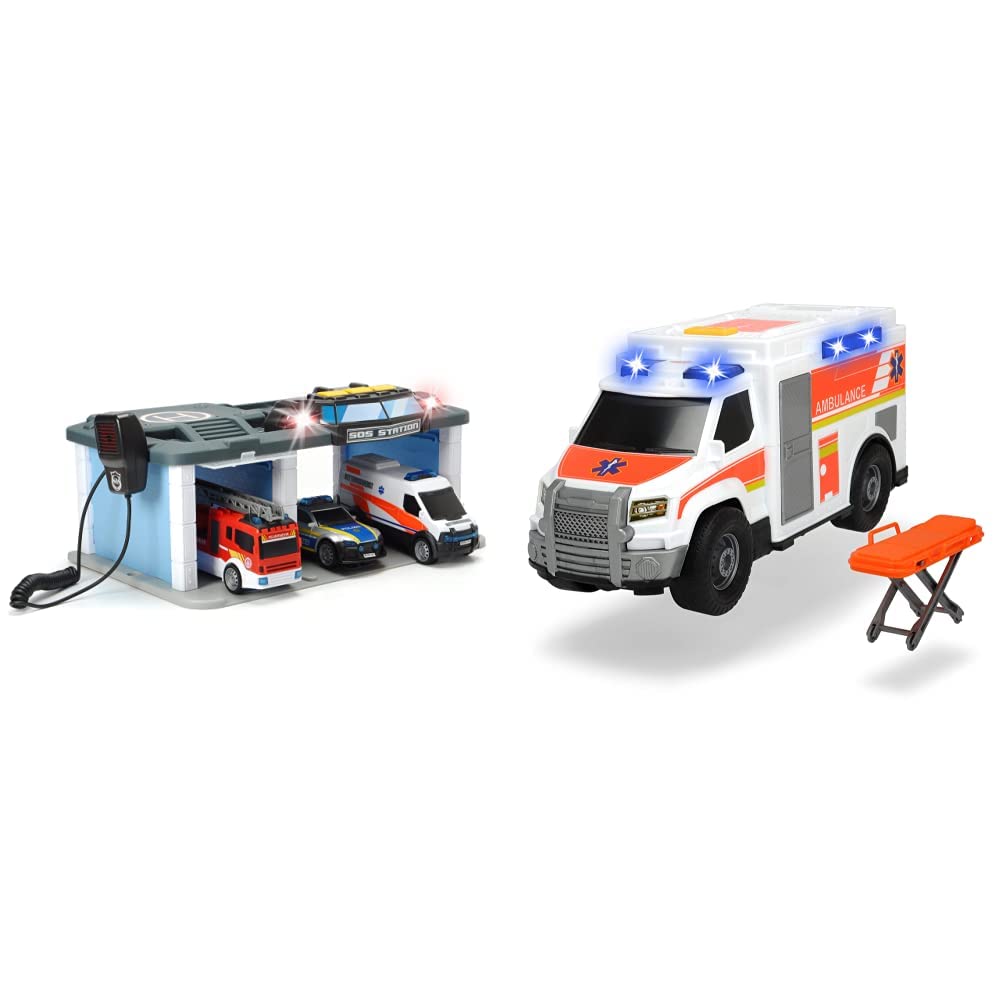 Dickie Toys - Rescue Center – Rettungsstation mit Funkgerät, Polizei, Krankenwagen, Feuerwehr & Medical Responder – 30 cm großer Rettungswagen mit Trage, Licht und Sound, Heckklappe zum Öffnen