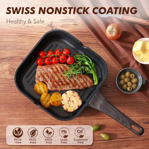 Image of SENSARTE Nonstick Grill Pan for Stove Tops, Versatile Griddle Pan with Pour Spouts, Square Grill Pan for Big Cooking Surface, Durable Grill Skillet for Indoor & Outdoor Grilling. PFOA Free, 11 Inch