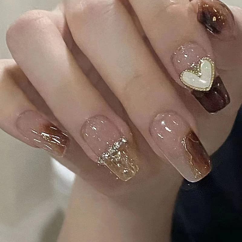3D Embelishment Brown Marble with Heart Charm Nails | Artificial Nail Extension | Long Lasting Glossy Finish | 24 Pcs Set Trendy Nail Art Set For Salon Look At Home-image-18