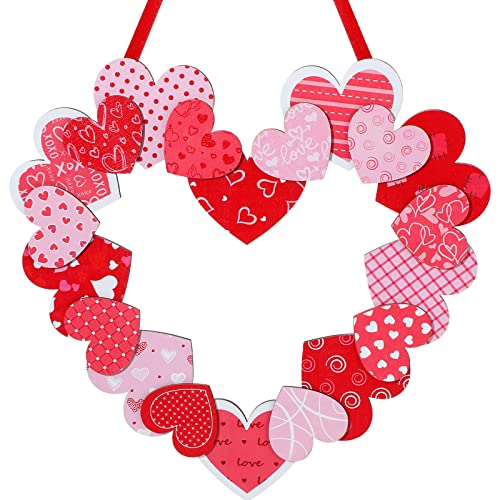 Queekay 12 Inch Heart Wreath for Valentines Day, Wooden Pink Heart Wreath Home Decor Hearts, Door Hanger for Front Door Outdoor Indoor Room Window Wall Farmhouse Gifts