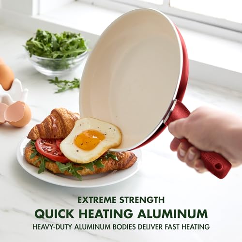 Image of GreenPan Rio Healthy Ceramic Nonstick 8 inch Frying Pan Skillet and Silicone Spatula Set, Soft Grip Handle, Breaktfast Meal Set, PFAS-Free, Dishwasher Safe, Oven Safe, Red