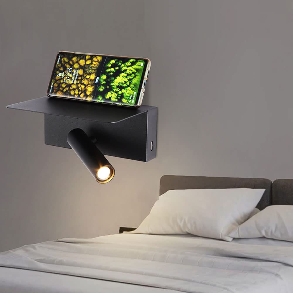 Lámpara de Lectura LED de Pared con Carga USB, lámpara de cabecera, lámpara de Lectura enfocada en la Cama, Apliques de Pared para Dormitorio, Estudio, Sala de Estar (Negro)