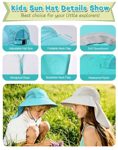 Image of Rosoz Kids Sun Hat with Neck Flap UV Protection Summer Toddler Beach Hat Unisex Ponytail Hat Wide Brim Fishing Hat