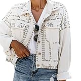 APAFES Women's Fashion Crop White Denim Jacket Distressed Western Studded Black Trucker Jacket(0270-White-L-NG)
