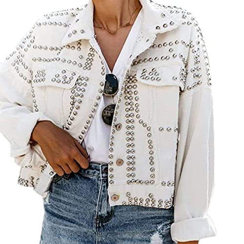 APAFES Women's Fashion Crop White Denim Jacket Distressed Western Studded