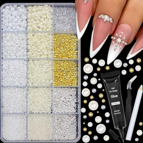 Nail Art Pearls with Rhinestones Glue Gel Flatback Pearls Nail Charms Gold Silver Luxurious Nails Gems Pearl Supplies Accessories for Women Nails DIY Design Decoration