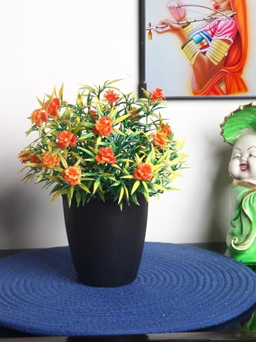 Image of Foliyaj Artificial Plant with Orange Flowers in Black Pot | Plants for Home Decor with Pot | Indoor Plants for Living Room