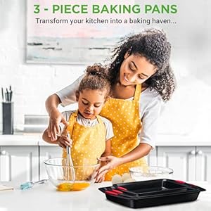 NutriChef 3-Piece Baking Pan Set - Premium Nonstick Carbon Steel Bakeware w/ Silicone Handles - Includes Large, Medium, & Small Pans for Baking & Roasting - PFOA, PFOS, PTFE Free - Black NutriChef 3 Piece Baking Pan Set Premium Nonstick Carbon Steel Bakeware w Silicone Handles Includes Large Medium Small Pans for Baking Roasting PFOA PFOS PTFE Free Black