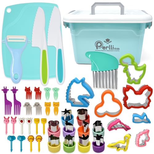 Perlli 44-Piece Toddler Cooking Set | Toddler Kitchen Set with Kids Safety Knives, Utensils, Peeler, Cutting Board & More | Kids Cooking Sets Real | Montessori Kitchen Sets for Children Ages 3+, Blue