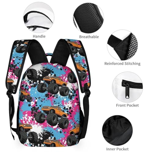 Backpack Book Bags with Lunch Box Storage Bag Backpack Set Daypack with Lunch Bag and Cosmetic Bags (Splash Ink Monster Truck)3