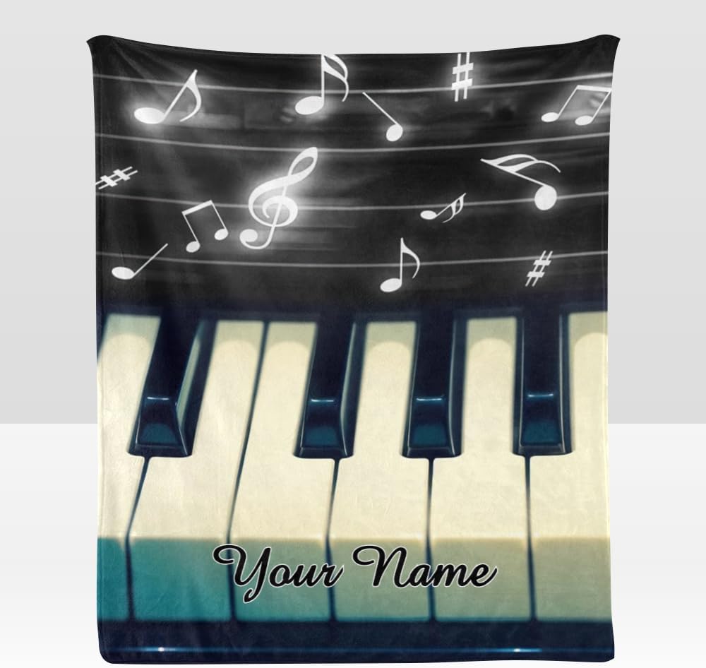 Custom Blanket with Name Text,Personalized Music Note Piano Super Soft Fleece Throw Blanket for Couch Sofa Bed (50 X 60 inches)