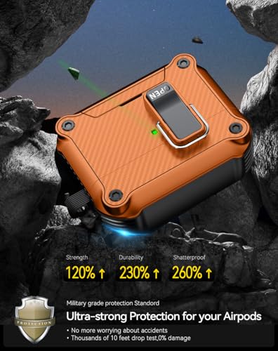 Image of Pohgelan for AirPods Pro 3 Case with Safety Lock-Orange | Carbon Fiber Texture Cover,Magnetic Automatic Lock with Cleaning Kit&Keychain,Compatible with Magsafe
