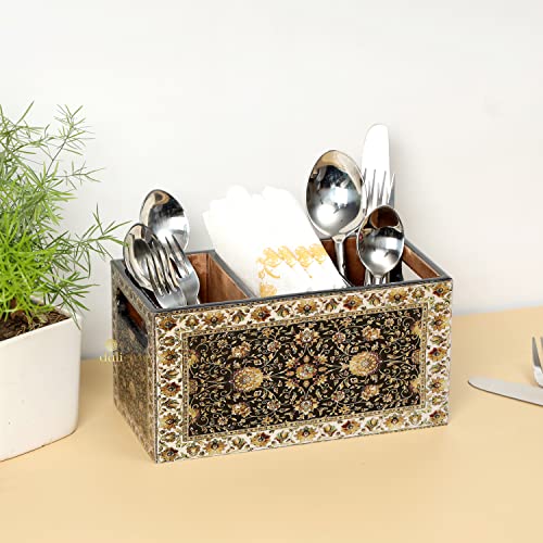 Image of DULI engineered wood Multipurpose Stand, Cutlery Holder, Spoon Stand, Table Organizer with 3 Sections, Chammach Stand (21cm x 10cm) , Utensils, Multicolor