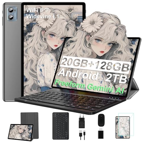 SUAAT 2025 Tablet 10 Zoll mit Widevine L1, Android, 20GB RAM+128GB ROM(TF 1TB), Octa-Core 1.8GHz,WiFi 6, 6000mAh, Bluetooth 5.0, 1280 * 800, 8MP+5MP,mit Tastatur und Maus,Grau