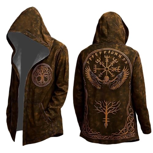 Manteau Homme Hiver à Capuche Veste Viking Homme 3/4 Longueur Cosplay Vintage Veste Chaude Style...