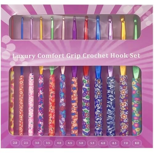 igadgitz home U7306 Juego de 12 agujas de crochet de lujo con diseño ergonómico y agarre cómodo (2-8 mm) - Patrón Florete