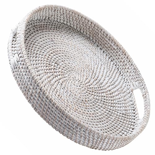 Jungle Culture Bandeja de ratán de 34cm / 13,8' • Bandejas Tejidas con Asas para el hogar • Bandeja Redonda para Mesa de Centro • Cesta de Mimbre para Pan, Fruta, Velas • Blanco