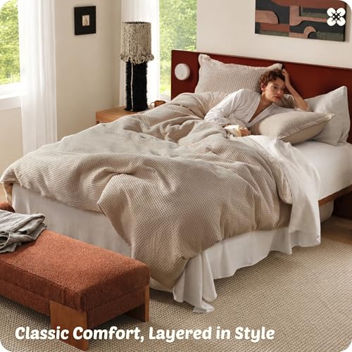 Image of Bedsure Cotton Duvet Cover Set - 100% Cotton Waffle Weave Khaki Duvet Cover California King Size, PureWoven Breathable Cal King Tan Bedding Set for All Season, 3 Pieces, 104 inchx98 inch