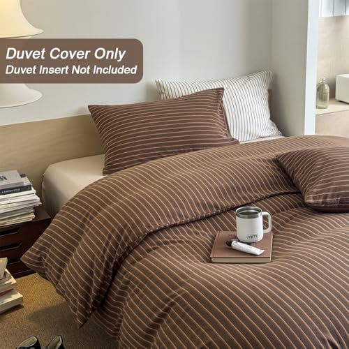 Image of Duvet Cover Set Twin Size Brown Striped Bedding Set for Girls Boys,Modern Back to School Duvet Cover Kids with Zipper Closure and 1 Pillowcase