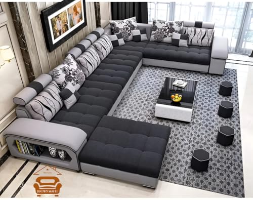 Image of Brown Maple U-Shape Sectional Sofa Set for Home | 10-Seater Fabric Sofa with Tea Table & 4 Puffy | Spacious Seating for 14 Persons | Pre-Assembled, Modern Comfort Design(Grey)
