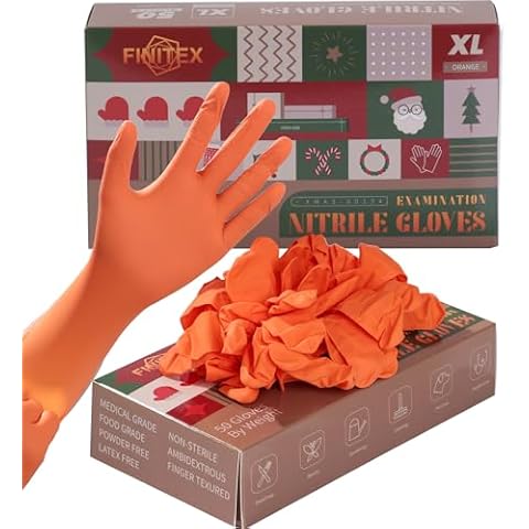 FINITEX Nitrile Disposable Latex Free Gloves Orange - 3.5mil 50PCS Powder Free Gloves Christmas Cleaning Medical Exam Food Gloves (X-Large) Cover