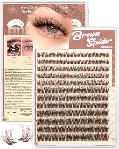 Spider Breeze Lash Clusters Brown Eyelash Clusters D Curly Wispy Cluster Eyelash Extensions Natural Brown Spider Lashes Cluster with Invisible Band Fluffy Individual Lashes 8-16mm by zenotti