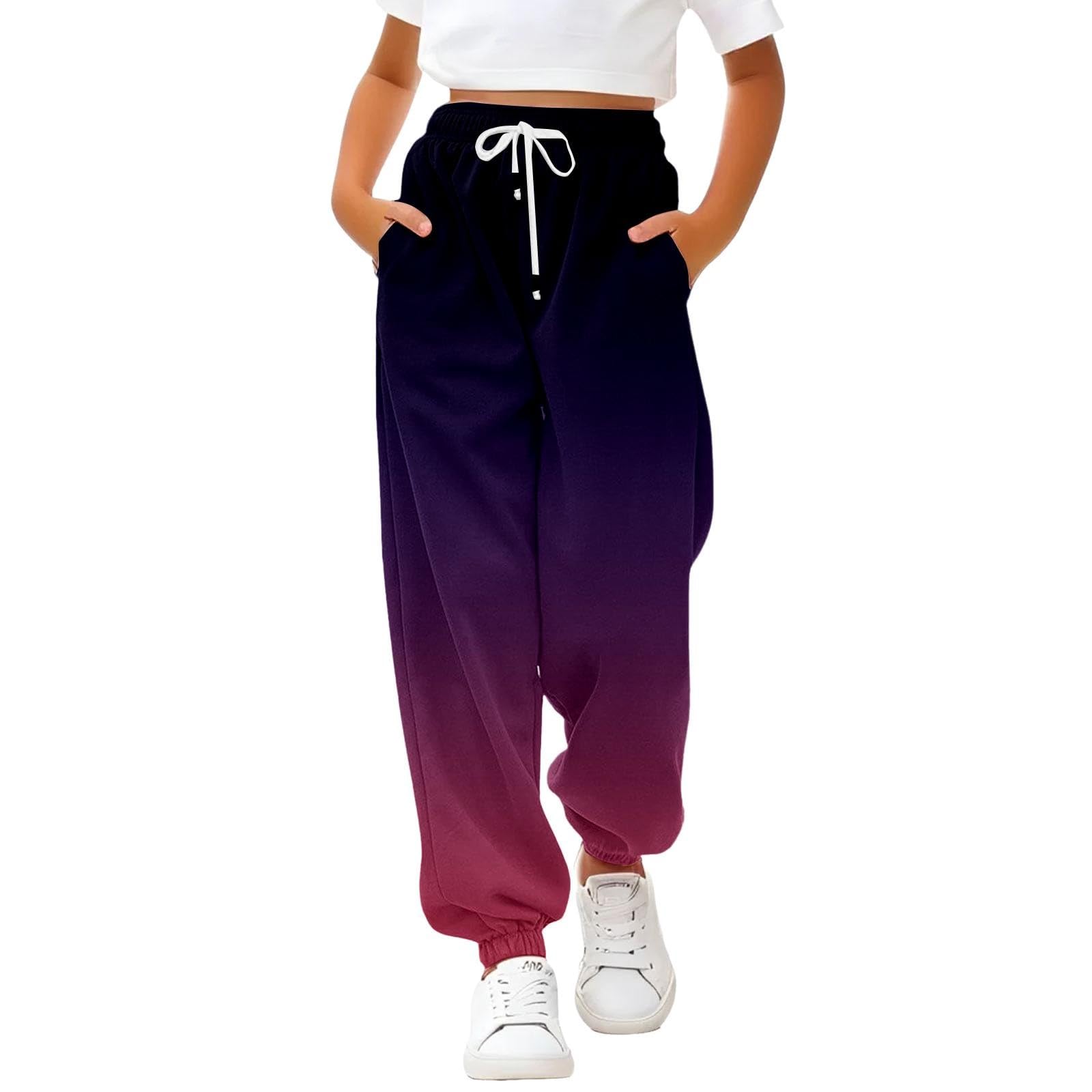 Pantalon de survêtement ample pour fille - Couleur dégradée - Taille élastique - Pour le sport - Avec poches - Pour l'école, l'entraînement athlétique - Avec cordon de serrage, violet foncé, 9-10 ans