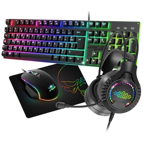 Spirit of Gamer - Ultimate 100, Pack Clavier Souris Gamer 4en1 Filaire RGB, Casque Gaming & Tapis en Tissu, Clavier Semi-Mécanique AZERTY FR, 6 Touches...