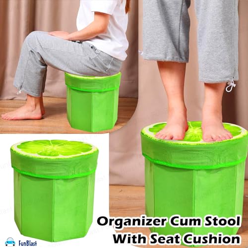Image of FunBlast Fruit Design Multi-Functional Folding Storage Ottoman Box Organizer Cum Stool with Seat Cushion, Storage Boxes for Toys for Kids (Lemon)