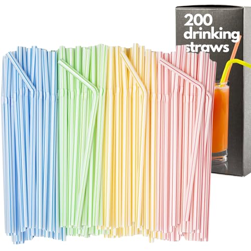 Pack of 200 White Striped Plastic Drinking Straws, Flexible and Reusable Bendy Straws for Coffee, Smoothies, and Cocktails - Disposable Stir Sticks for Kids' Milkshakes, Birthday Parties, and Events