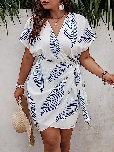 Image of WDIRARA Women's Plus Size Tropical Print V Neck Short Sleeve Wrap Tie Side Boho Dress