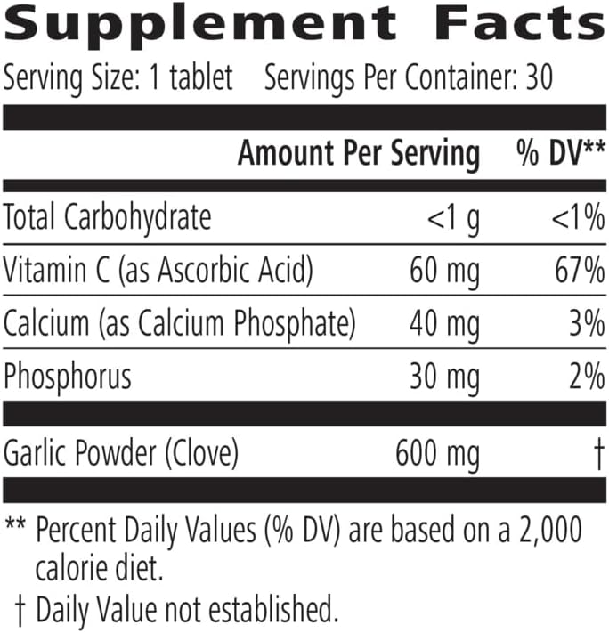 Mega Garlic Plus Dietary Supplement, 30 Tablets, with Garlic and Vitamin C