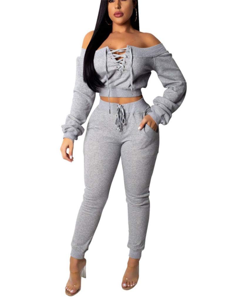 OLUOLINWomen Sexy Long Sleeve Two Pieces Outfits Tracksuit Lace Up Off Shoulder Casual Sweatsuit
