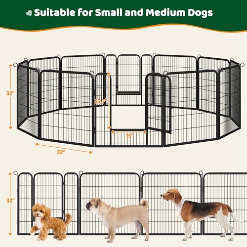 Image of Yaheetech 32 inch H 12-Panel Extra Wide Dog Playpen w /Door for Indoor Outdoor | Heavy Duty Metal Frame, Secure Latch Gate, Tool-Free Assembly, Portable For Yard RV Camping, Ideal For Small & Medium Pets