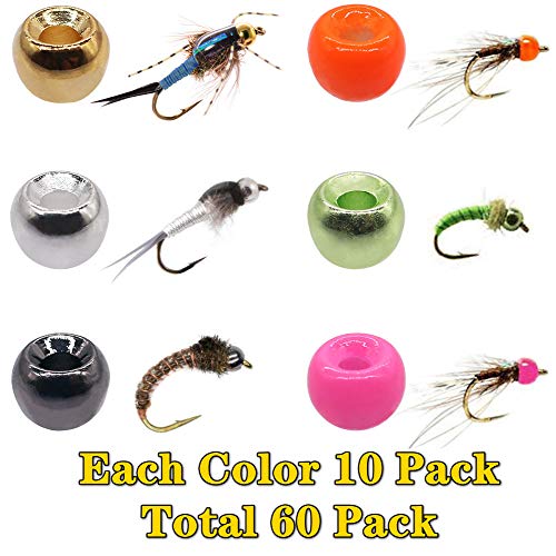 Xfishman Tungsten-Fly-Tying-Beads-Heads-Assortment Fly Tying Materials Nymph For Fly Fishing Tungsten Beads 60 Pack (1/8” 3.3Mm（6 Colors ） 60 Pack) #TOP3