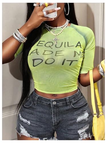 Image of RoseSeek Women's Sheer Mesh Letter Graphic Tees Short Sleeve Crew Neck Y2K Vintage Summer Going Out Crop Tops