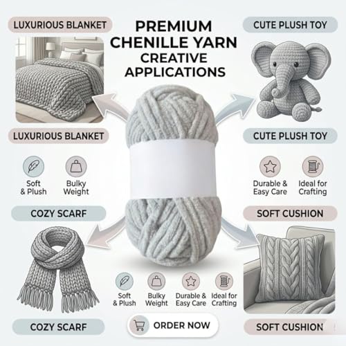 Image of Soft Chenille Yarn 100 gm Soft Velvet Wool Oon for Crochet Knitting DIY Craft Multipurpose Yarn Ball for Blanket Scarf Cushion Making (Purple) (Grey)