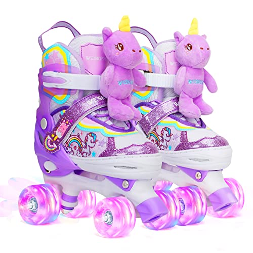 Unicorn Doll Kids Toddler Roller Skates for Girls,WESKIFAN Quad Skating Shoes with Shiny Light up Wheels&Adjustable Sizes Beginners rollerskates for Birthday Xmas Gifts,Patines para Niñas Niños