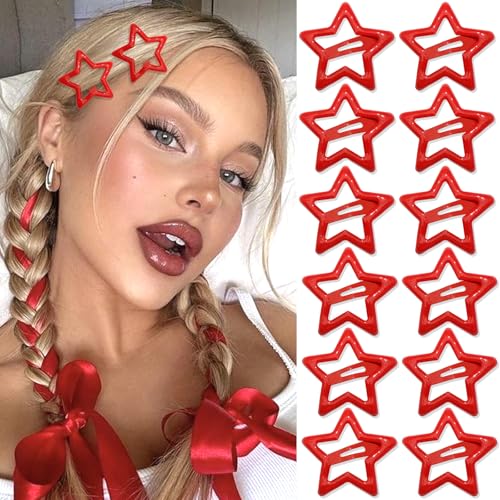 NAISKA 12PCS Red Christmas Star Hair Clips Metal Non-Slip Snap Hair Clips and Barrettes Y2K Star Hair Accessories Decoration for Women and Girls