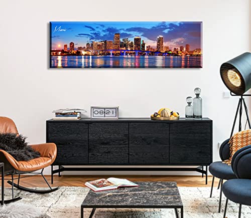 Image of Office Wall Decor Miami Skyline Wall Art Panoramic Cityscape Picture Modern USA City Night View Canvas Prints for Bedroom Living Room Home Decoration Stretched and Framed Ready to Hang 13.8 inchx45.3 inch