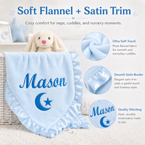 Image of Personalized Baby Blanket with Embroidered Name, Custom Baby Girl Receiving Blankets, Flannel Monogrammed Nursery Bed Blankets, Soft Baby Swaddle for Infant Toddler Newborn