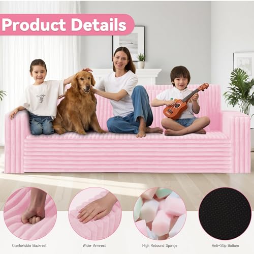 Image of HABUTWAY 78 inch Loveseat Boneless Couch, 4-in-1 Convertible Sofa Bed, Plush Fur Folding Futon Sofa Bed Couches with 2 Pillows for Living Room, High-Density Foam Support, No Assembly Required, Pink
