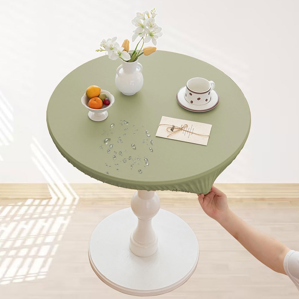 Lukery Fitted Elastic Round Tablecloth, Wipe Clean Tablecloths Waterproof Stain Resistant Table Decoration for Kitchen Garden Indoor Outdoor (Diameter 110cm,Sage Green)