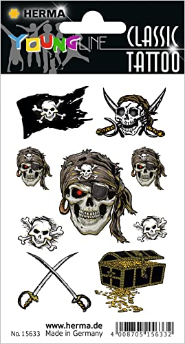 HERMA 15633 Tatuagens temporárias de caveira, 9 unidades, tatuagens adesivas para colar, tatuagens falsas com design de bandeira pirata, tatuagens infantis para carnaval, crianças e adultos