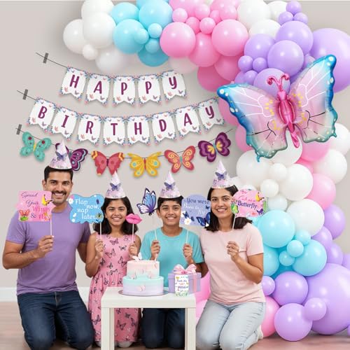 Image of Party Propz Butterfly Theme Birthday Decoration Kit - 132 Pcs, Multicolor Balloons, Butterfly Foil Balloon, Banners, Caps, Thank You Cards & Photo Props, Pink Theme Decorations for Girls