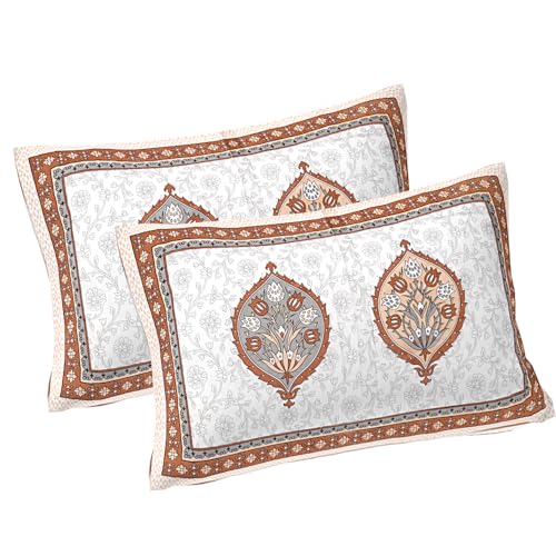 Image of Living Roots Jaipuri Hand Block Print Double Cotton Bedsheet & 2 Pillow Covers, for Mattress Upto 8 inches Thick, No Colour Bleeding, Beige Colour, Super King Size 96 * 104 inches, 150TC (578-B)