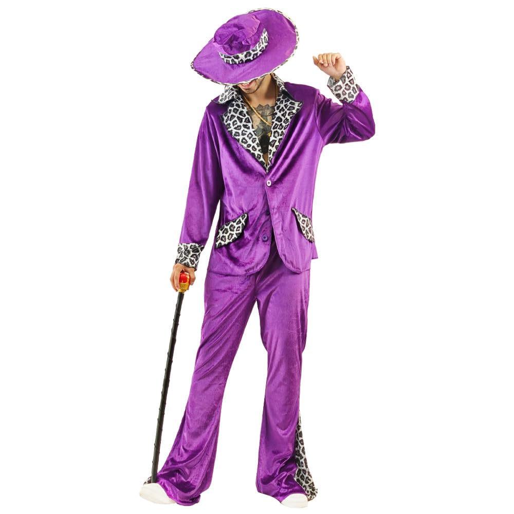 EraSpooky Traje de proxeneta para hombre traje de proxeneta de terciopelo para adulto con estampado de leopardo atuendo retro de los años 70 atuendo de discoteca