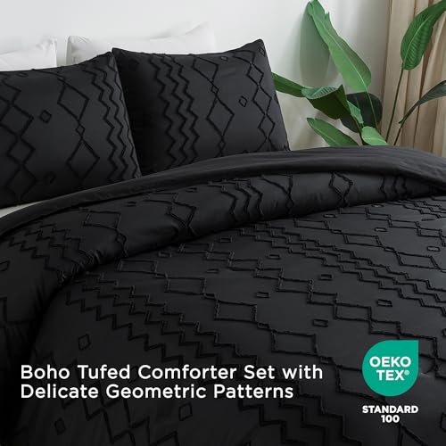 Image of Andency Black Tufted Comforter Set Queen(90x90Inch), 3 Pieces(1 Tufts Comforter, 2 Pillowcases) Boho Textured Farmhouse Bed Set, Down Alternative Geometric Bedding
