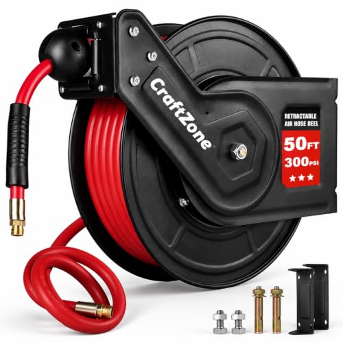 CRAFTZONE Retractable Air Hose Reel 50 FT | 300 PSI Air Compressor Hose Reel | 3/8 Hybrid Polymer Hose | Heavy-Duty Steel Wall Mount Swivel Bracket|Auto Rewind | All-Weather Retractable Air Hose - Red