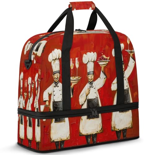 Red White Chef Travel Duffel Bags for Women & Men Large Sports Gym Bags Foldie Weekender Overnight Bag Carry On Tote Bag With Shoe Compartment Personal Item Bag for Travel Sports Gym